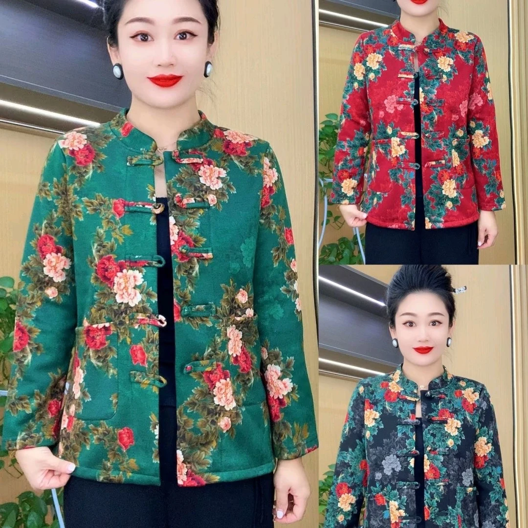 【山茶花】短外套新款中老年妈妈民族风加绒开衫加厚复古碎花上衣