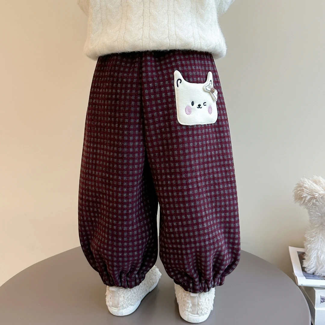 女童加绒裤子秋冬2025新款女宝宝洋气休闲格子裤儿童冬装外穿长裤