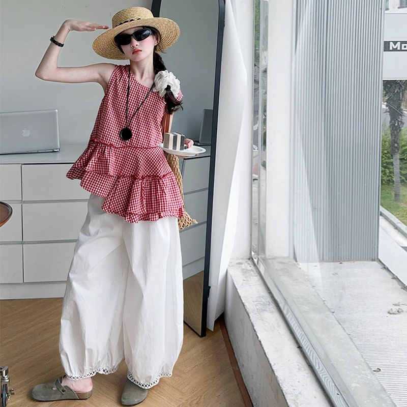 【嘻嘻柚】女童夏季复古格子背心棉布裤套装韩系不规则娃娃衫两件套