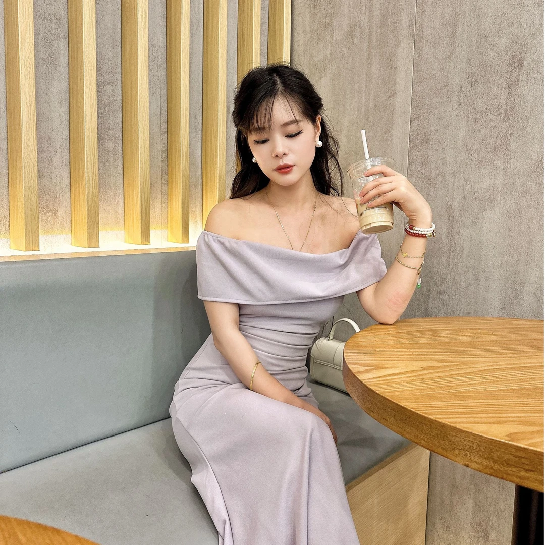 2025年夏季新款纯欲修身一字肩包臀鱼尾裙连衣裙小众露肩