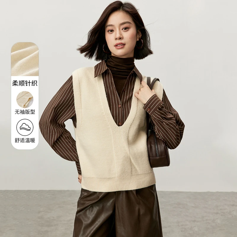 通勤舒适休闲V领宽松版型无袖设计宽边螺纹衣摆针织衫56569