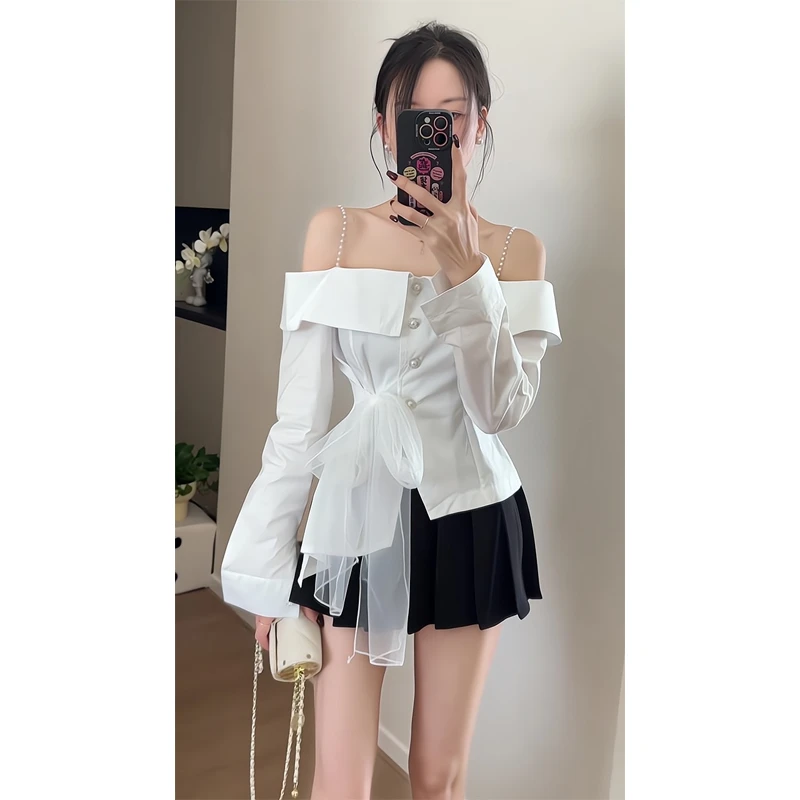 御姐露肩网纱飘带衬衫辣妹纯欲设计感百搭吊带上衣半身裙百褶裙女