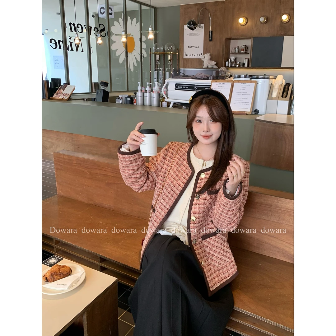 现货7271d大婉酱微胖定制 韩系格纹撞色设计小香风短外套夹棉上衣