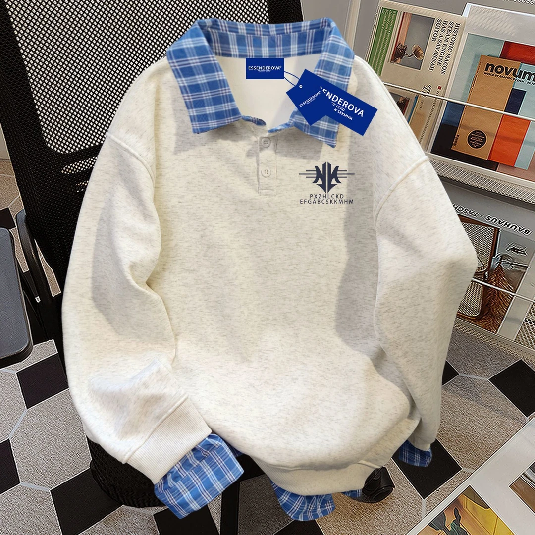 日系休闲假两件polo格子拼接卫衣女秋冬加绒宽松显瘦趣味情侣上衣