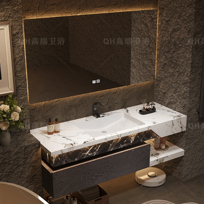 [岩板奢石双拼]高端轻奢酒店风双层岩板盆浴室柜组合卫生间洗漱台