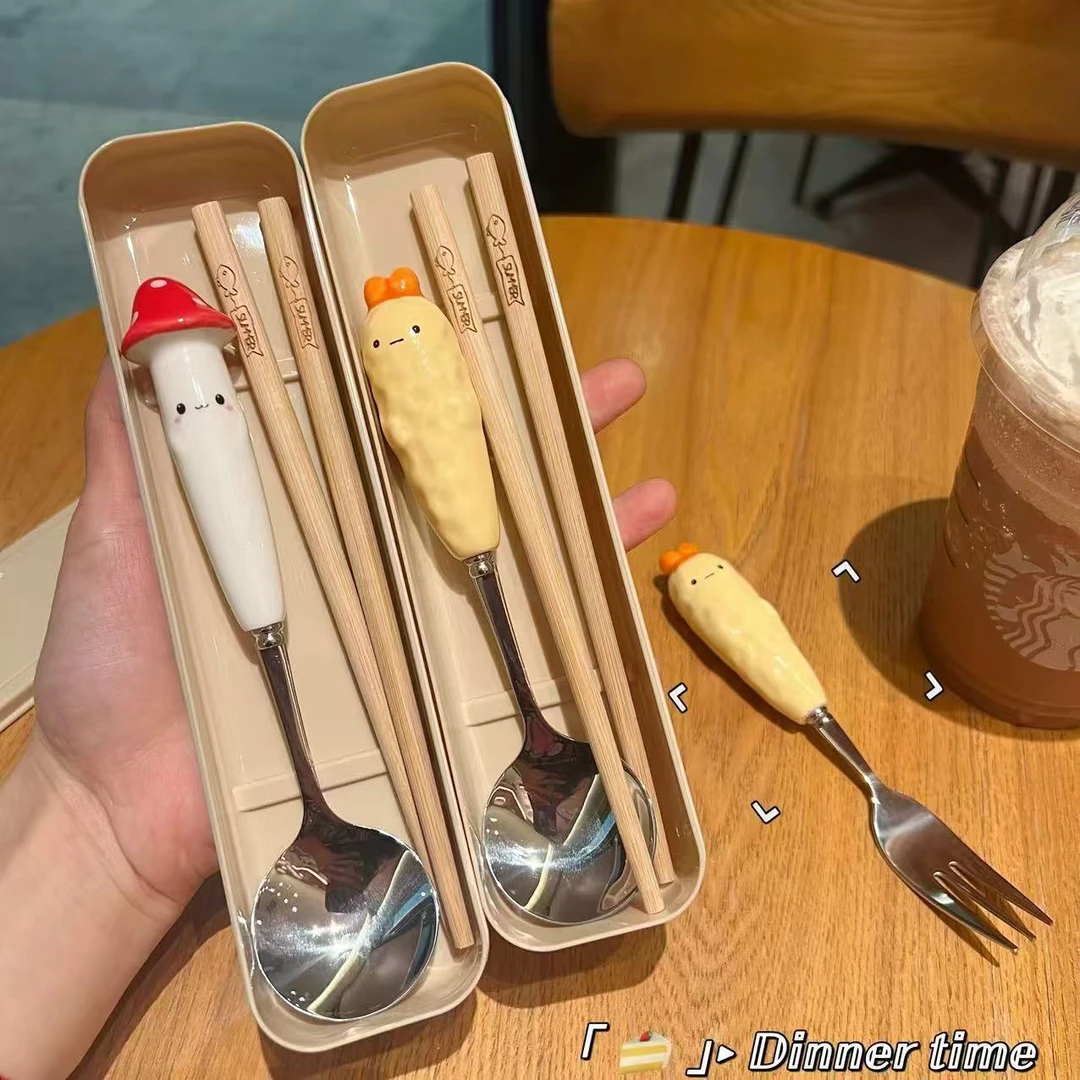 ins可爱木筷子勺子叉子高颜值卡通学生儿童便捷餐具盒套装餐具盒