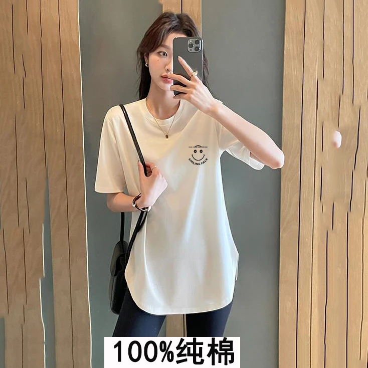 中长款纯棉t恤女短袖2025新款网红休闲显瘦大版宽松白色上衣夏季