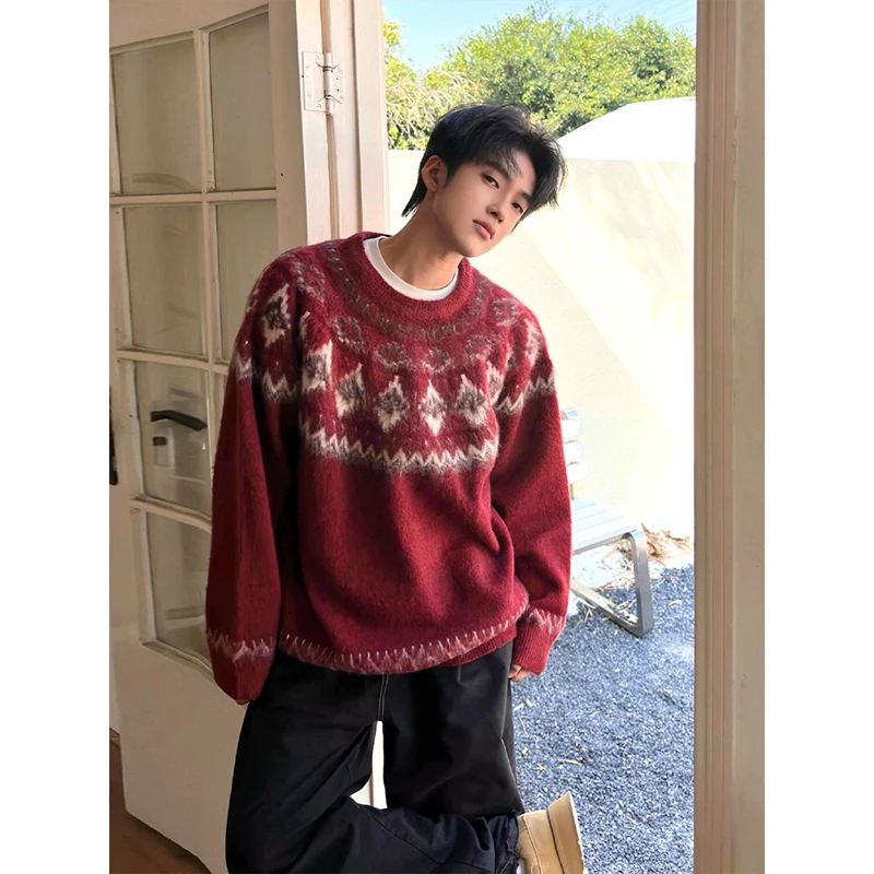 MY369 红色费尔岛毛衣慵懒冬季圆领针织衫男女款本命年穿搭