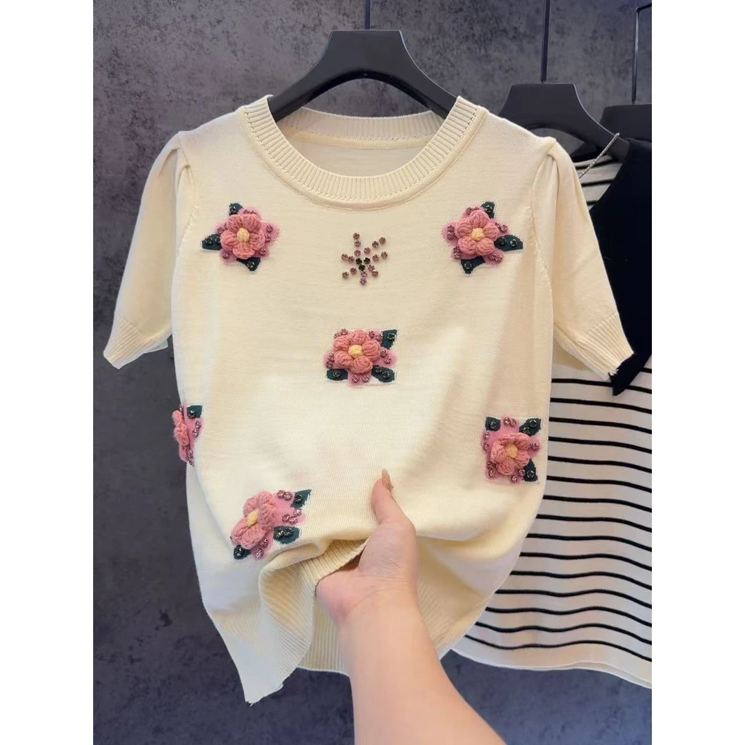 【定制大码女装80-200斤】洋气钩花立体温柔显瘦减龄上衣女1512