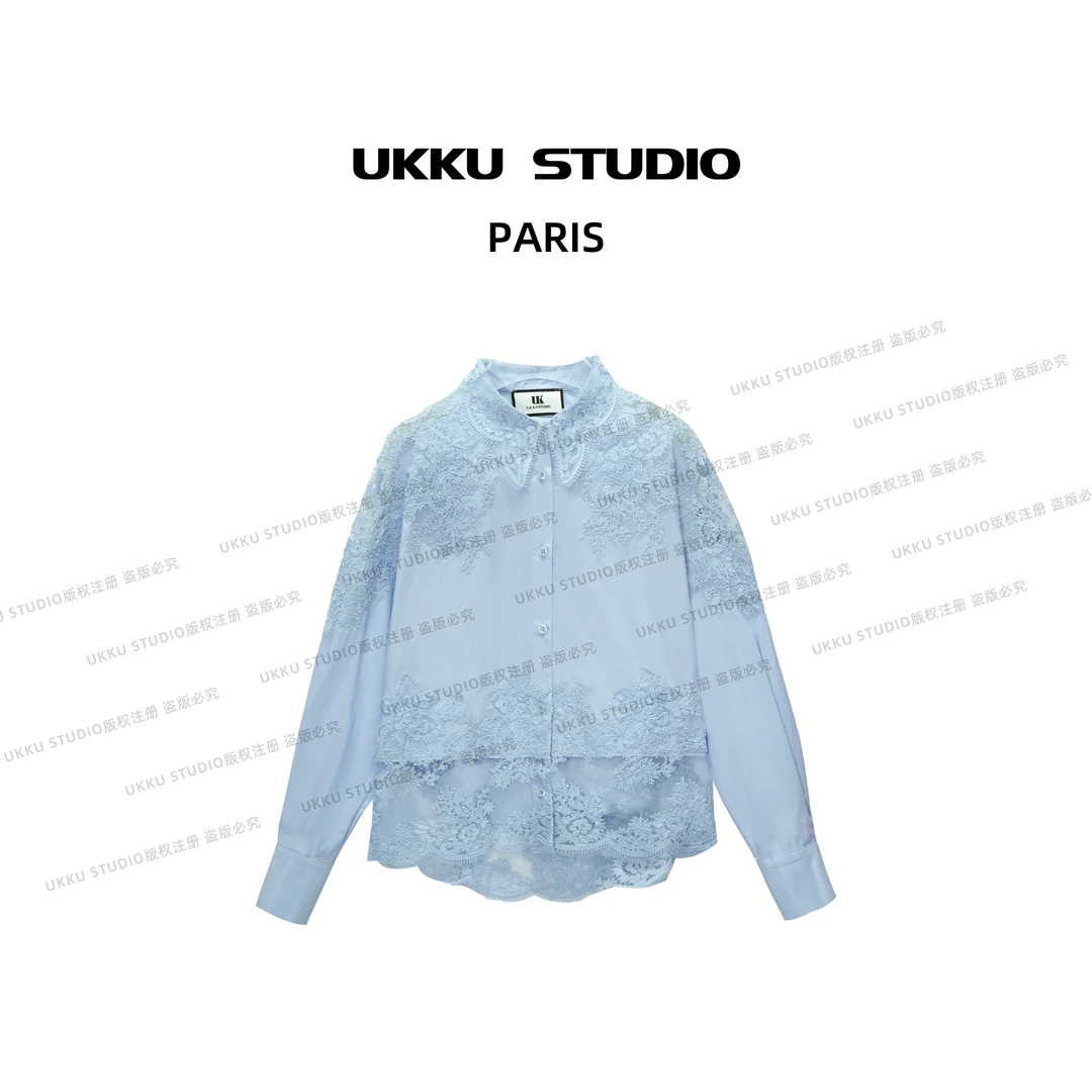 ZJ【UKKUSTUDIO】小众时尚蕾丝拼接长袖设计感百搭衬衫613695