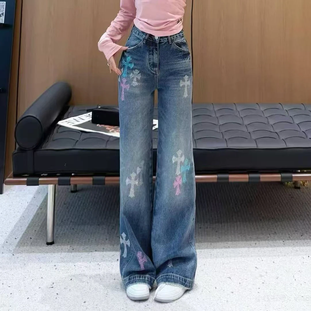 臀大女生适合的裤子女牛仔裤高腰裤子蓝色阔腿裤