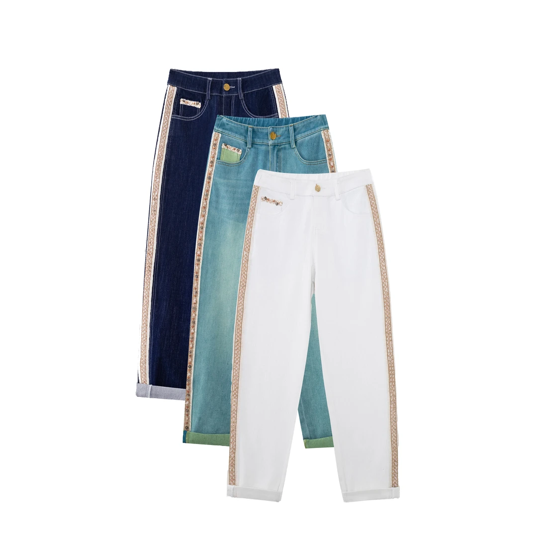 夏季新款四面弹侧边织带老爹裤2025胖mm高腰显瘦百搭遮肚腩牛仔裤