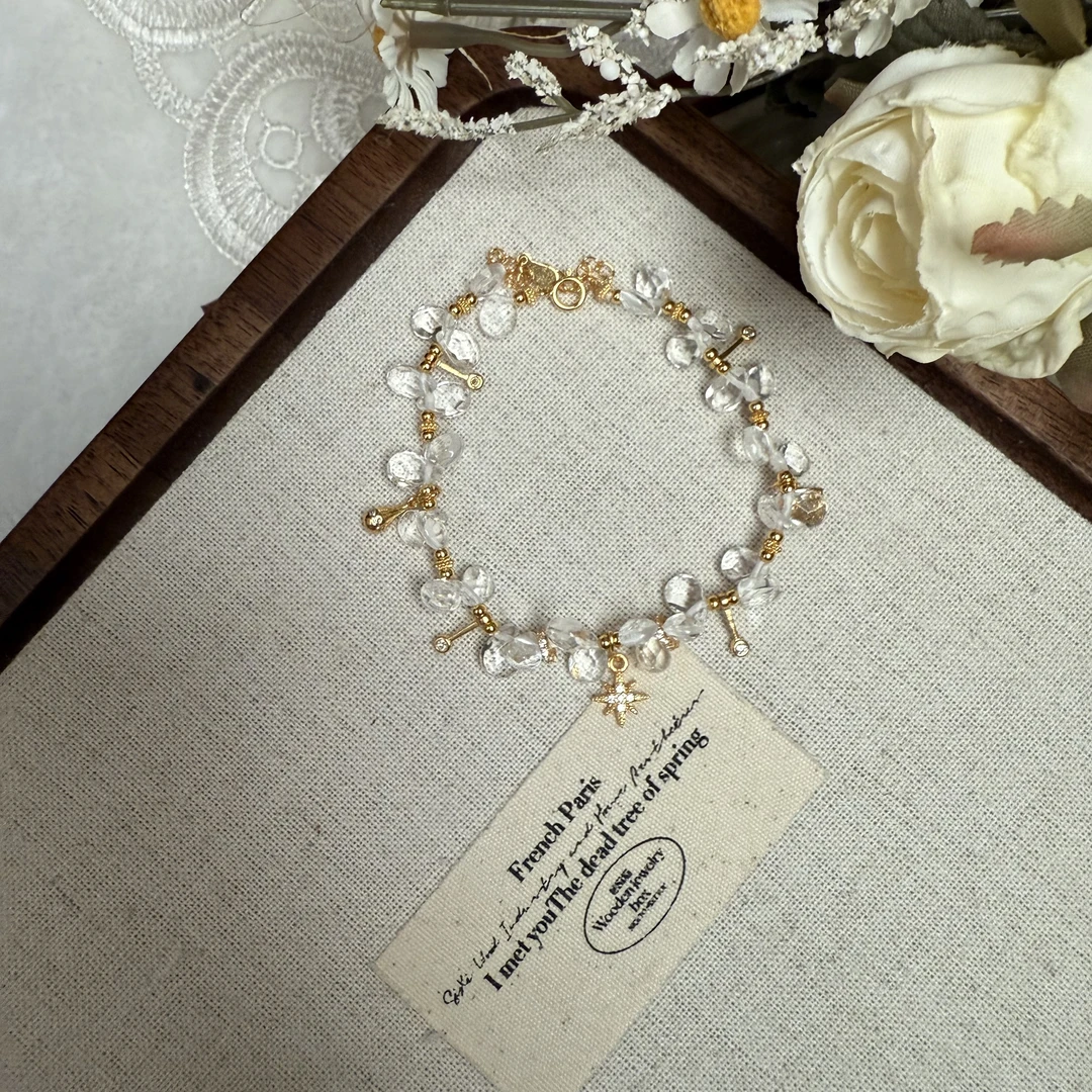 天然白水晶随型糖豆设计款手链s925银