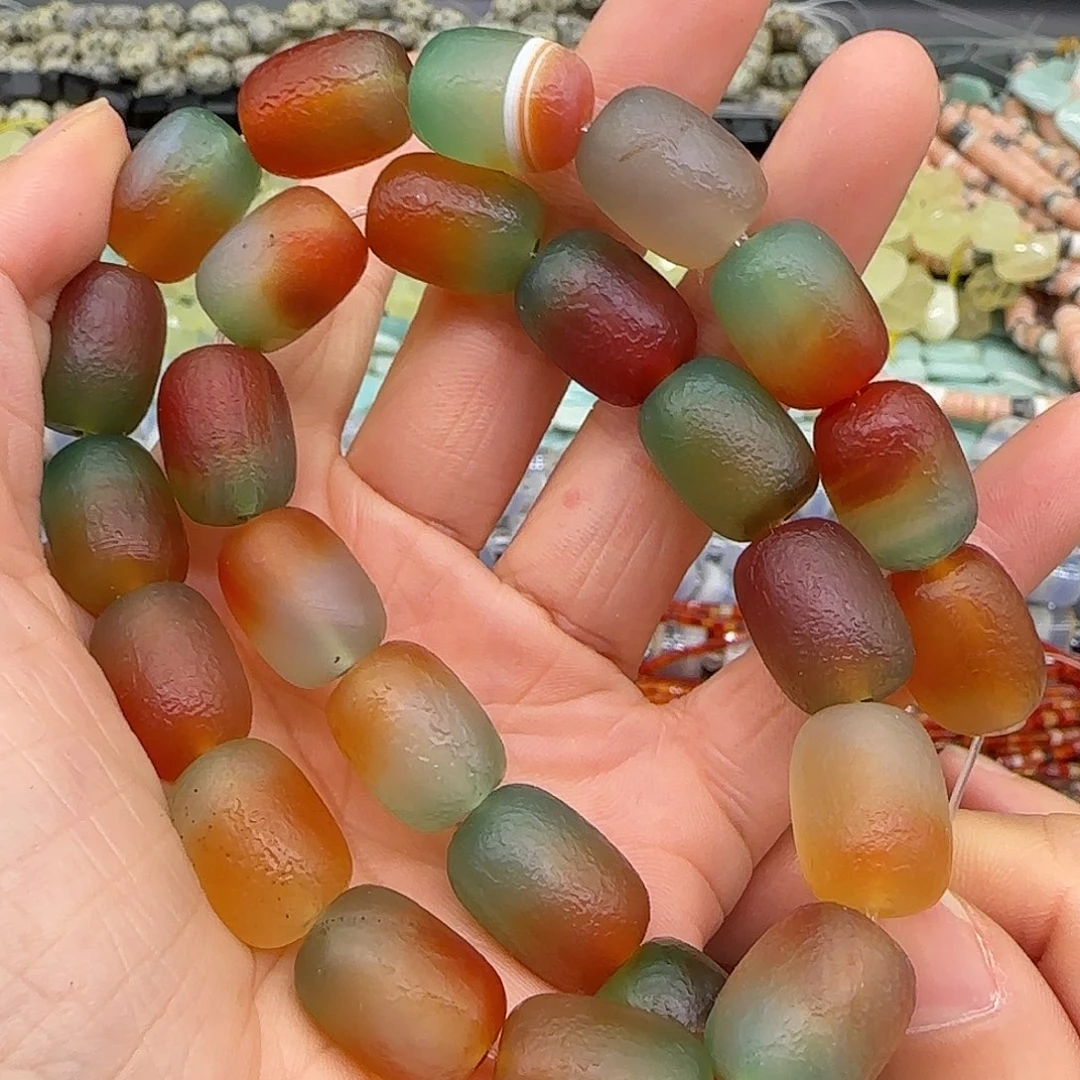 玛瑙/玉髓合金珠宝半成品橘皮红绿玛瑙11mm一条