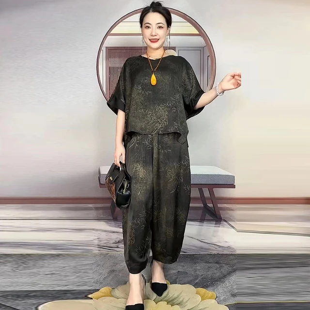 桑蚕丝套装女2025夏季新款中年妈妈蝙蝠袖短袖真丝加肥加大两件套
