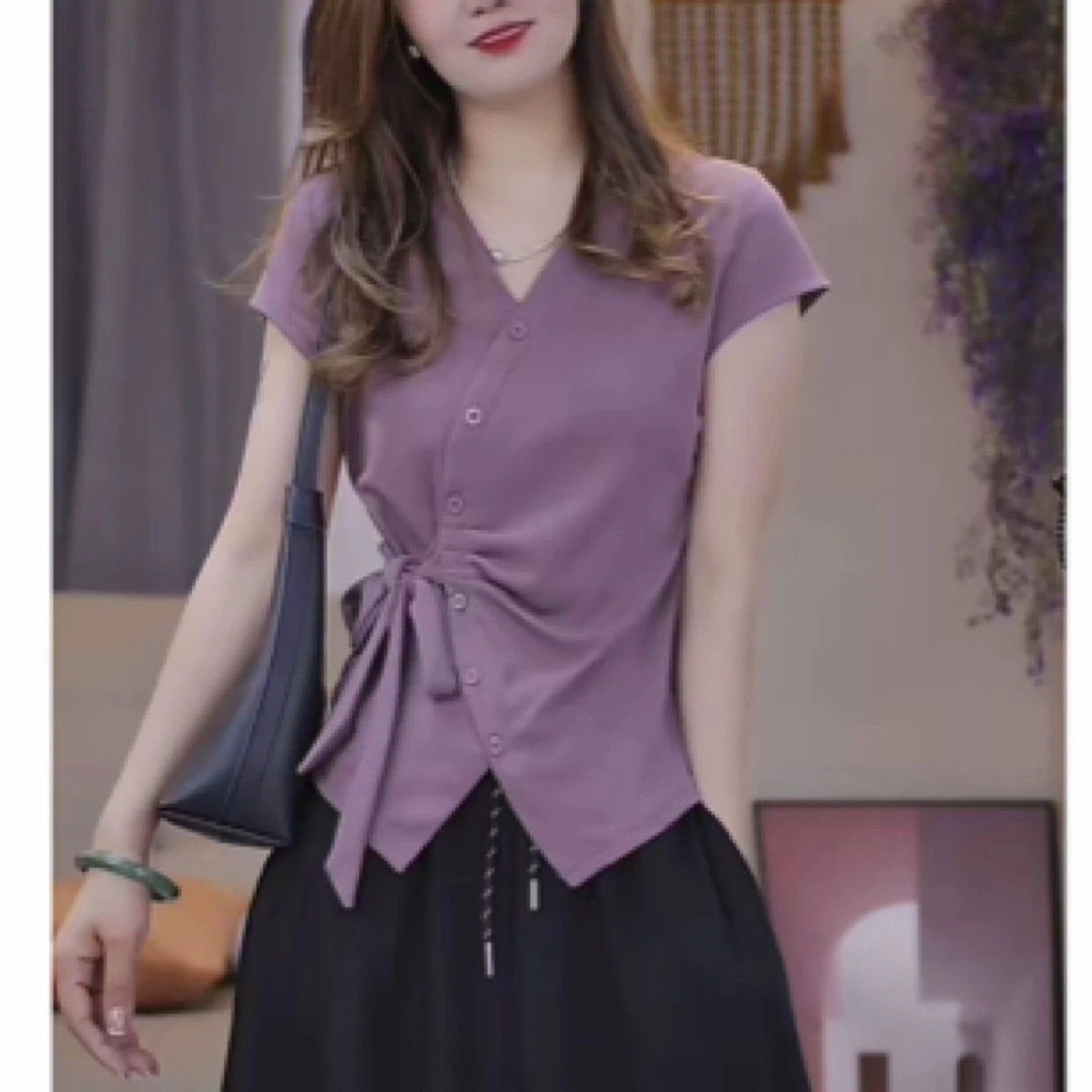 （现货+）735新款夏季时尚休闲翻领系带小衫显瘦百搭洋气