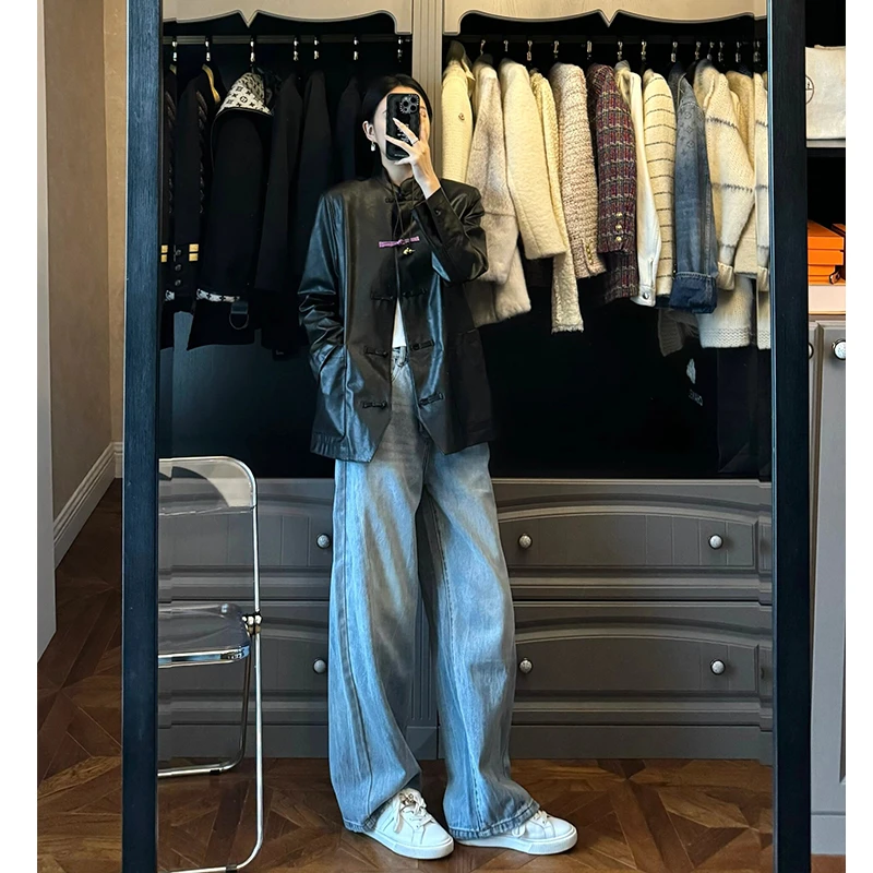 黑色皮衣女2025早秋新款超好看设计感小众高端国风盘扣新中式外套