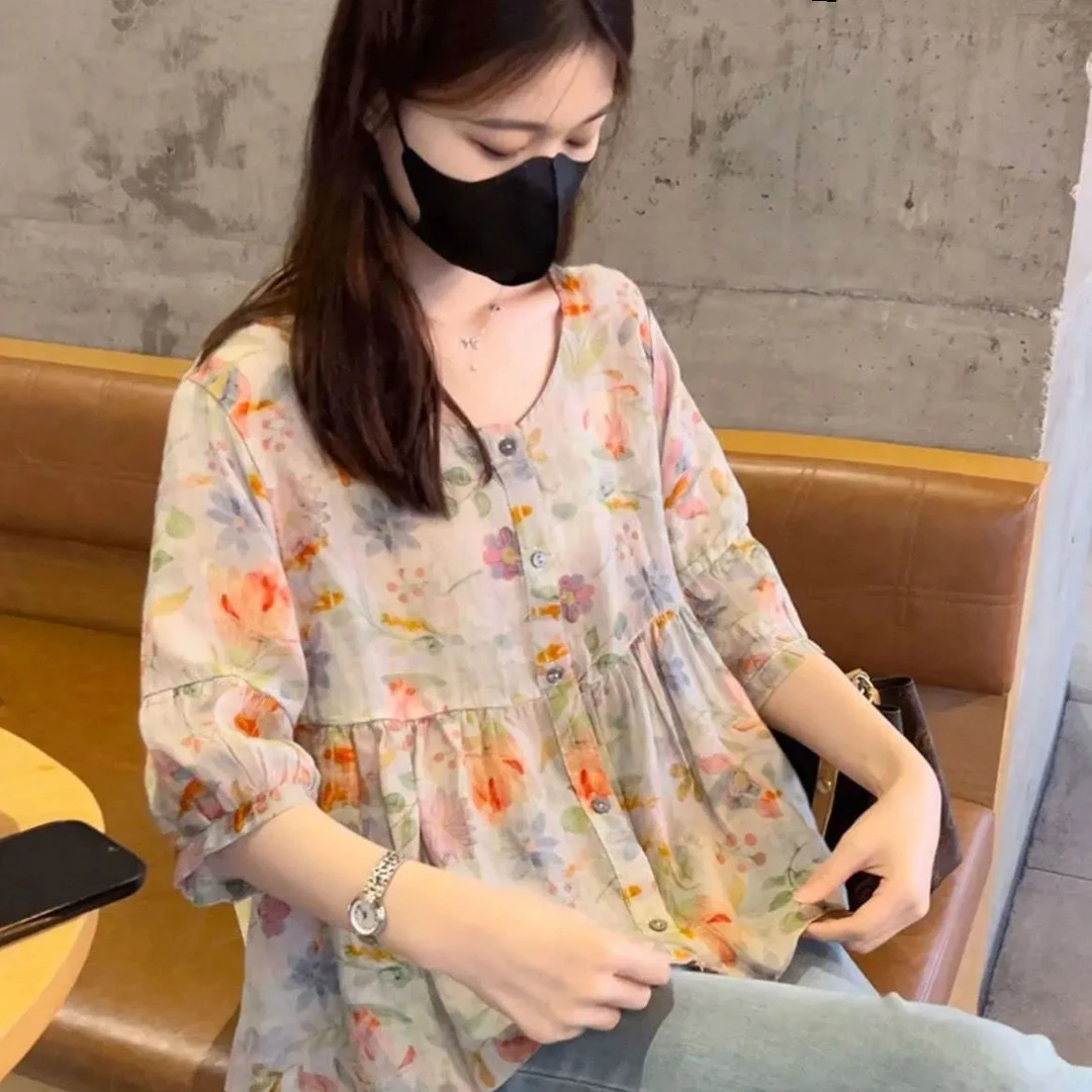复古印花韩版短袖衬衫女2025夏季新款法式荷叶边百搭韩版娃娃衫