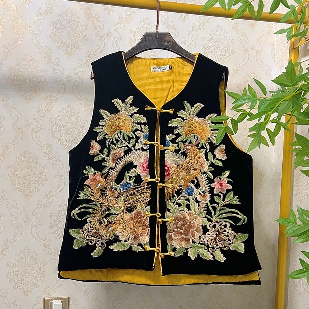 大聪（加棉）新中式凤穿牡丹重工刺绣棉马甲200斤贵气唐装坎肩8899