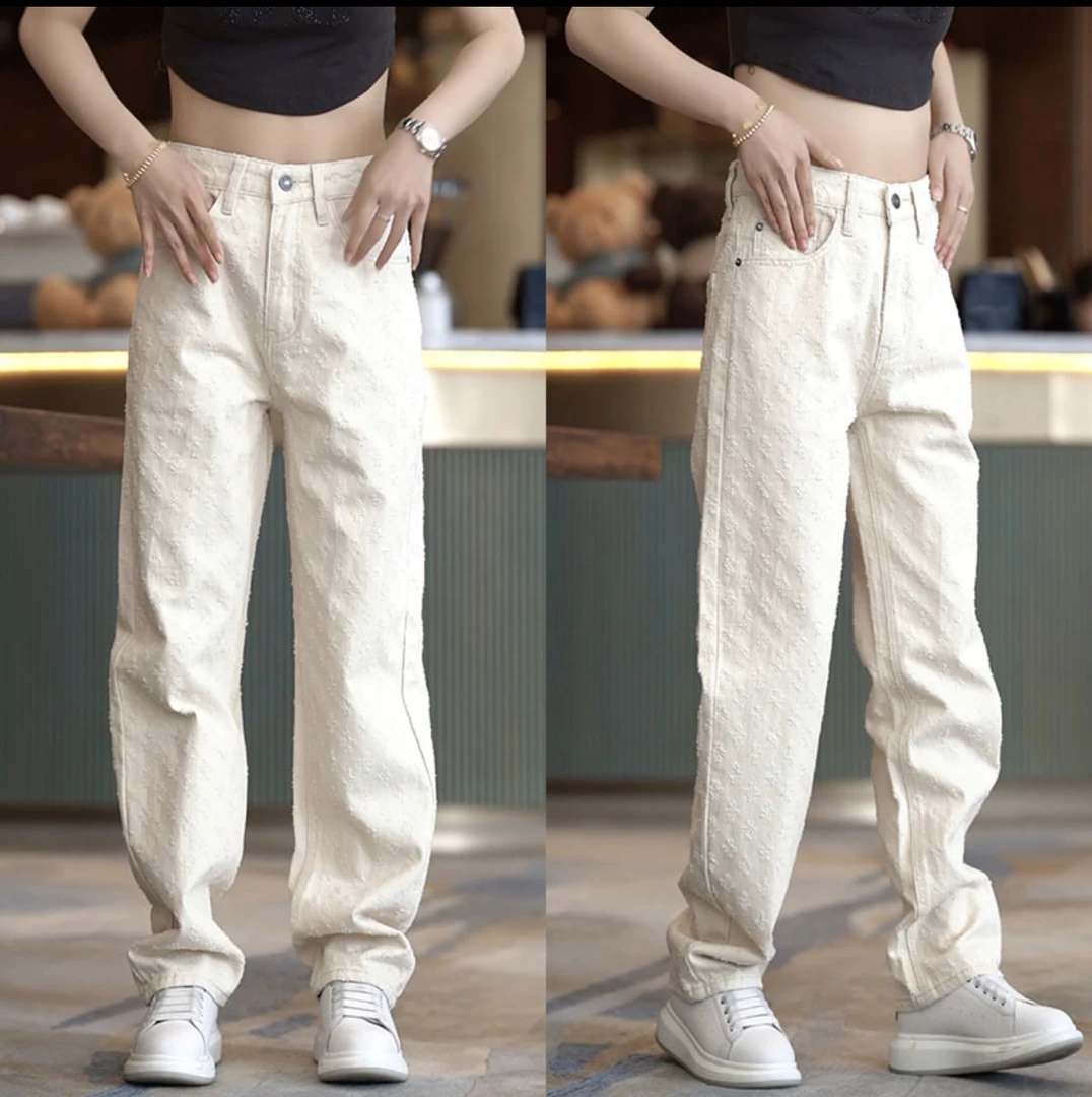 水洗牛仔裤男潮牌直筒宽松美式复古阔腿裤提花高街小众设计牛仔裤