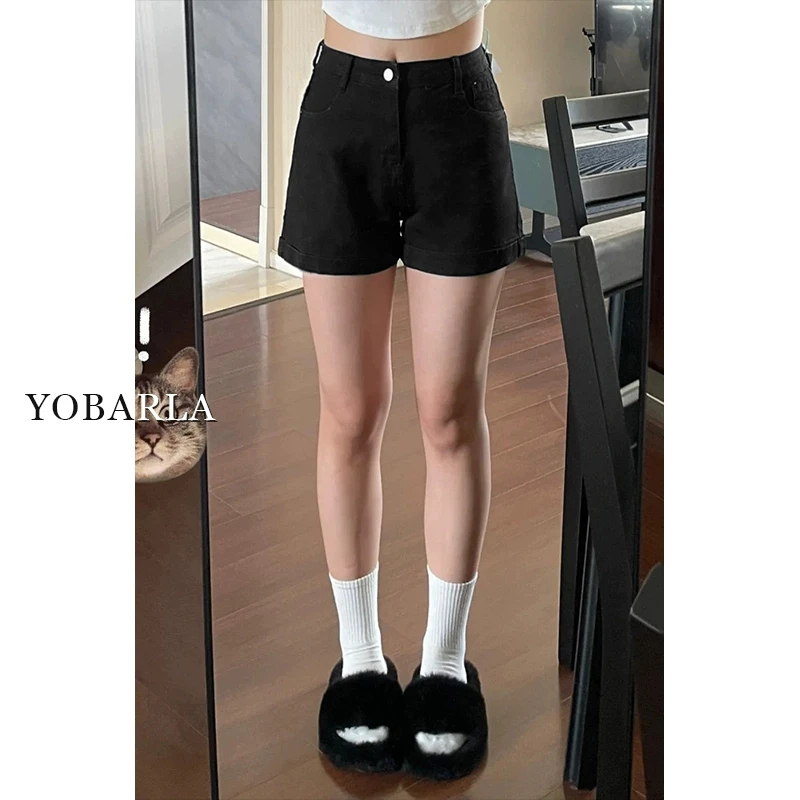 黑色高腰牛仔短裤女夏薄款大码胖mm遮肚显瘦弹力梨形身材a字热裤