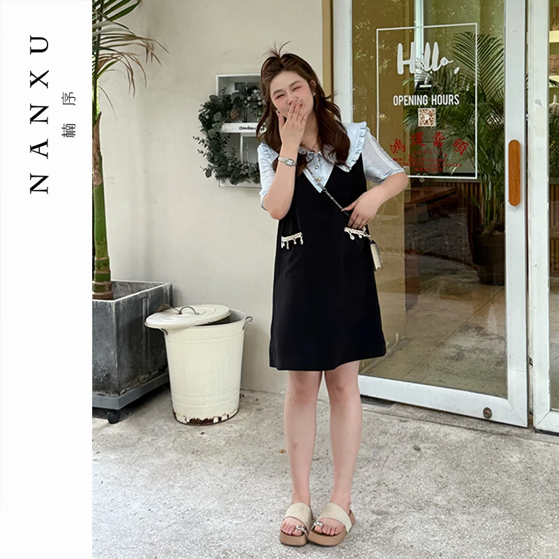 楠序源子微胖女装 娃娃领撞色连衣裙女夏季裙子胖mm显瘦款YZ36387