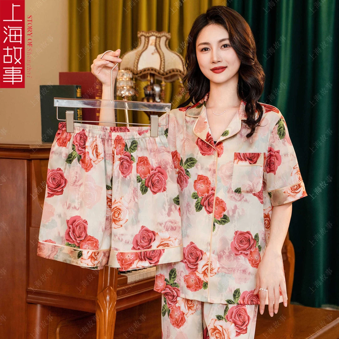 上海故事冰雪丝睡衣女短袖长裤短裤三件套丝绸印花仿真丝家居服