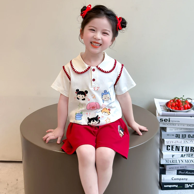女童夏装套装2025新款儿童洋气短袖闪灯哪吒Polo领女宝夏季两件套