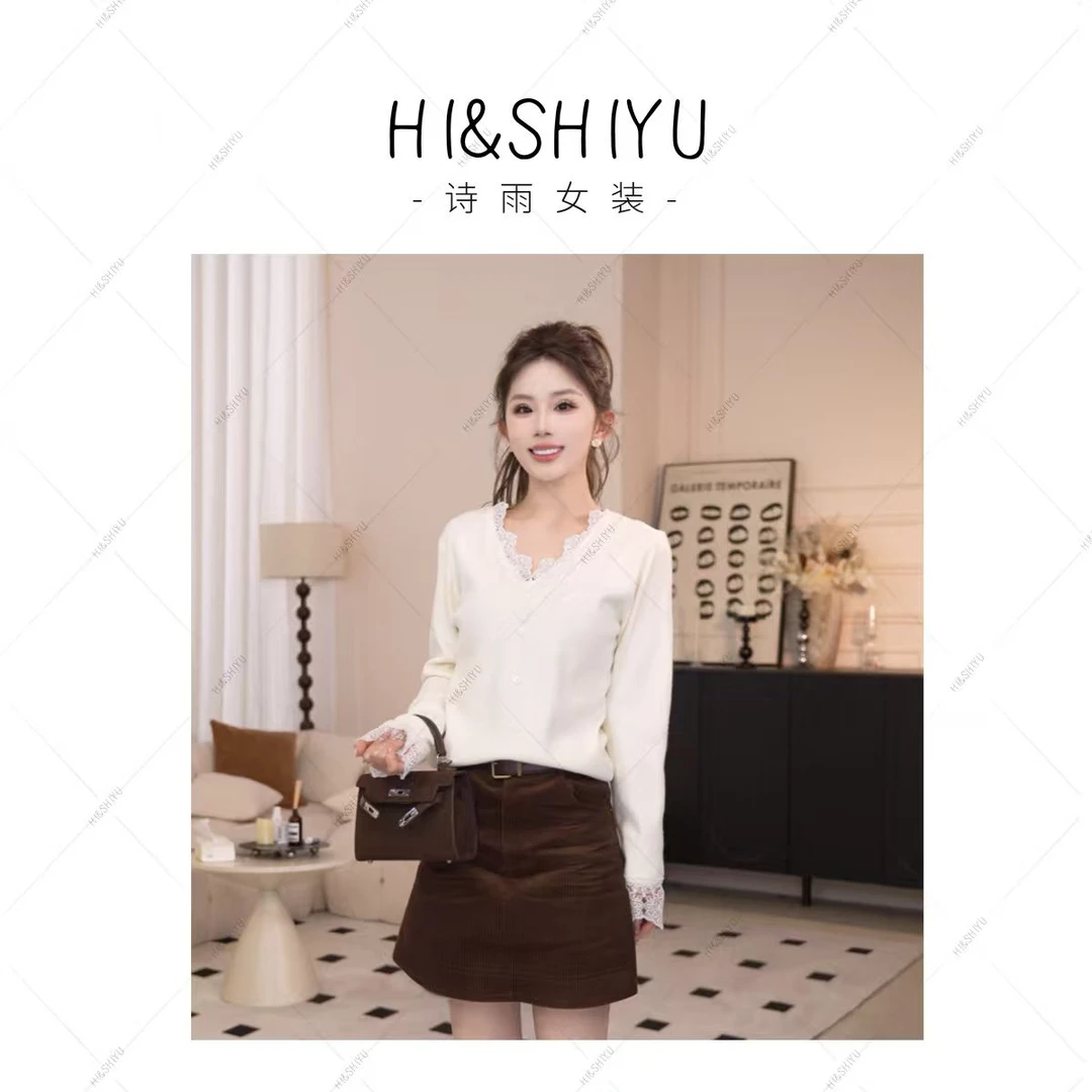 HISHIYU【浪漫主义】2025秋装新款蕾丝边V领毛衣YSA4329
