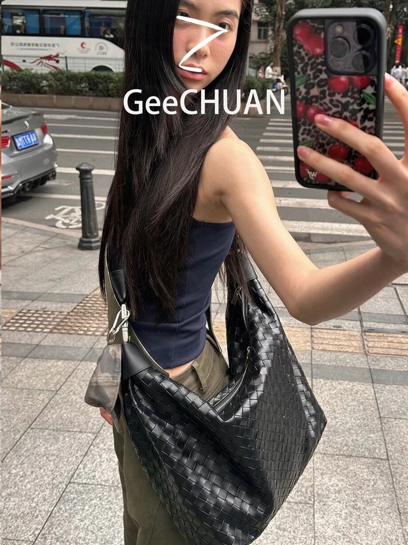 GeeCHUAN 仿编织中性风大容量百搭通勤托特包高级小众单肩斜跨包