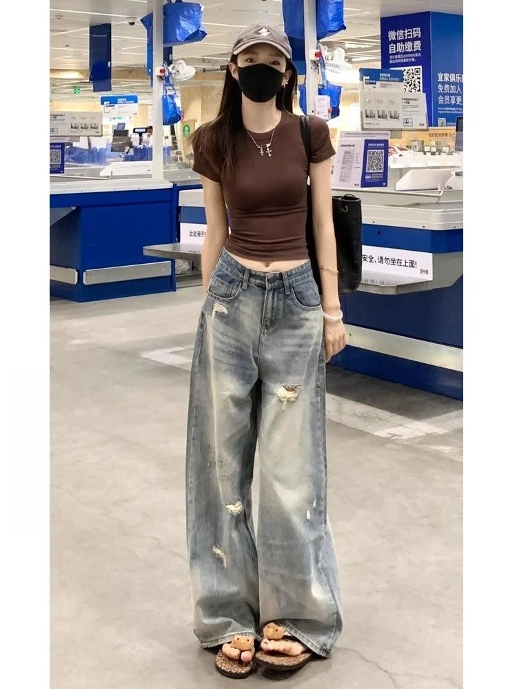 高个子加长版美式破洞阔腿牛仔裤女夏季高腰宽松显瘦直筒拖地裤子