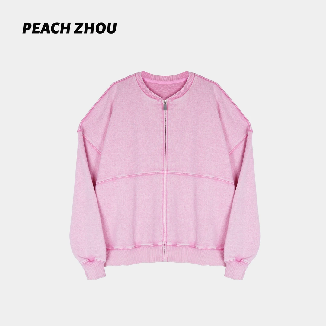 『PEACHZHOU』做旧水洗飞行员宽松棒球领拉链夹克休闲中性毛圈外套