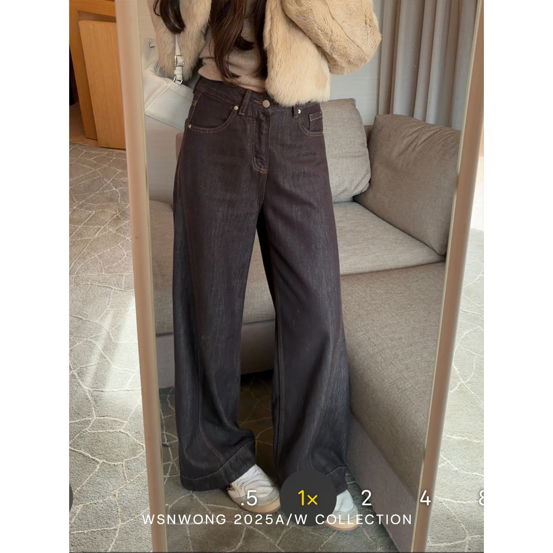 Wsnwong 棕色牛仔裤原牛色直筒阔腿裤阔腿复古休闲女裤裤子冬