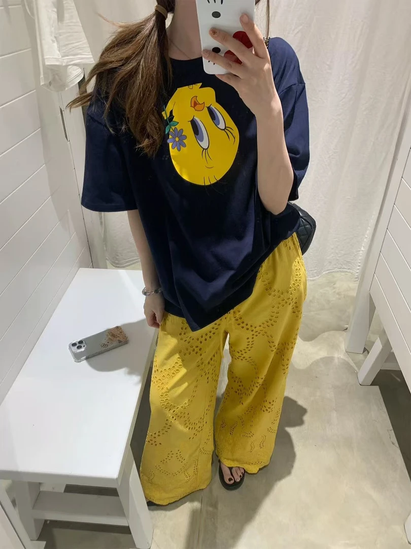 B22-2黄色"圆孔花纹"松紧腰长裤（9524）