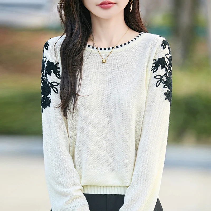 哥弟阿玛施正品25春秋新款拼色圆领刺绣提花洋气百搭长袖针织衫女