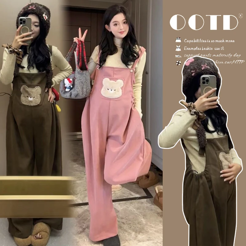 孕妇装秋冬新款套装加绒加厚卡通小熊背带裤时尚减龄阔腿裤两件套