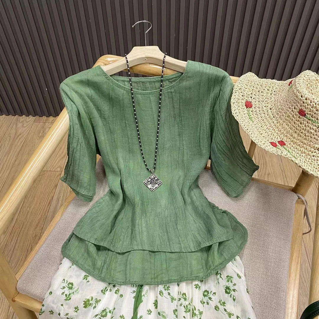 天丝苎麻圆领肌理感短袖小衫纯色复古文艺宽松套头T恤上衣女TY188