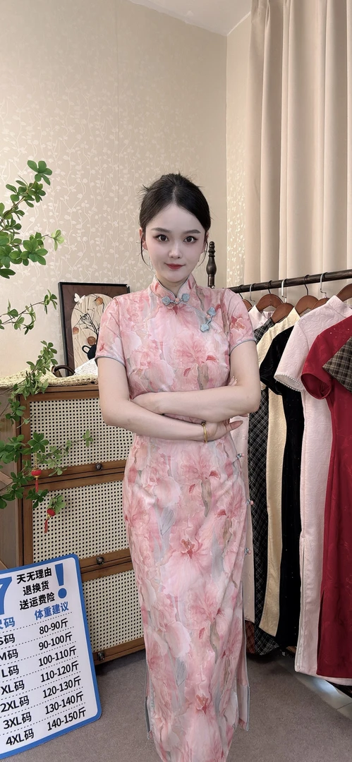 修身一字扣日常旗袍短袖包袖时尚夏款中长款新中式少女夏季显瘦