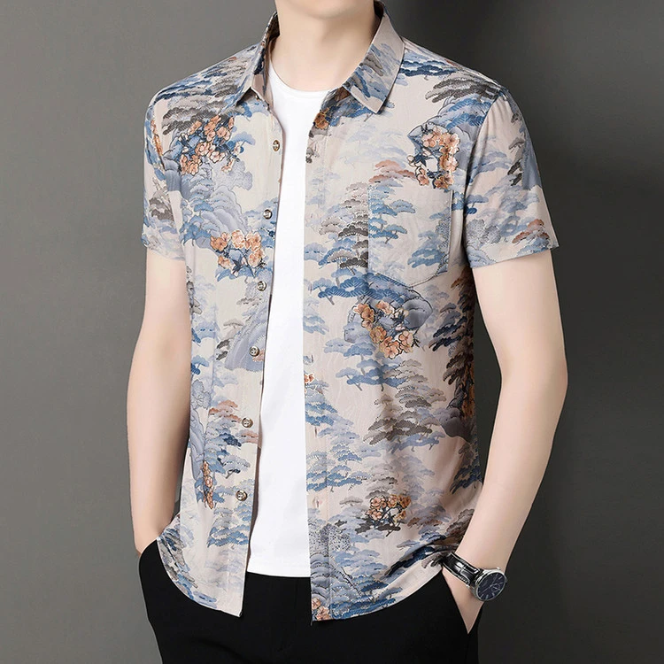 男士夏季新款短袖弹力花衬衫2682款