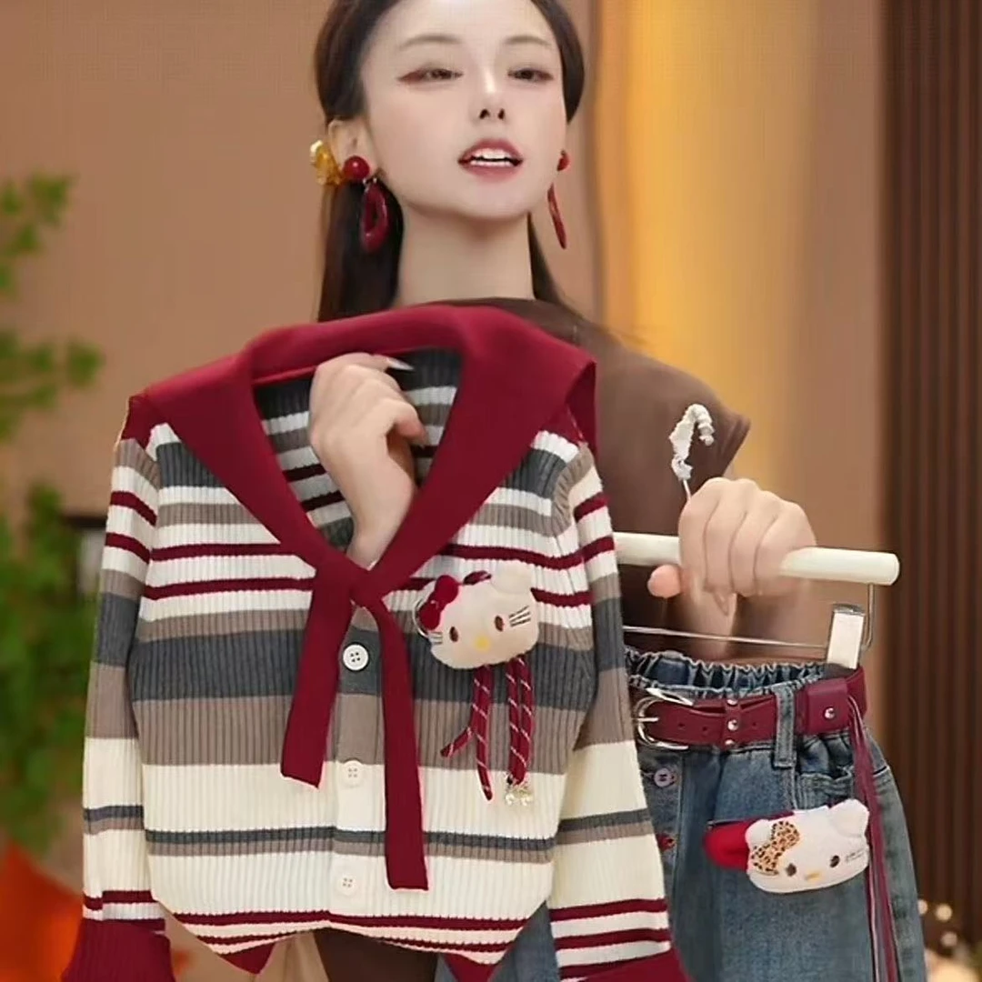 女童套装秋季2025新款洋气条纹卡通外套针织毛衣红色海军领套装