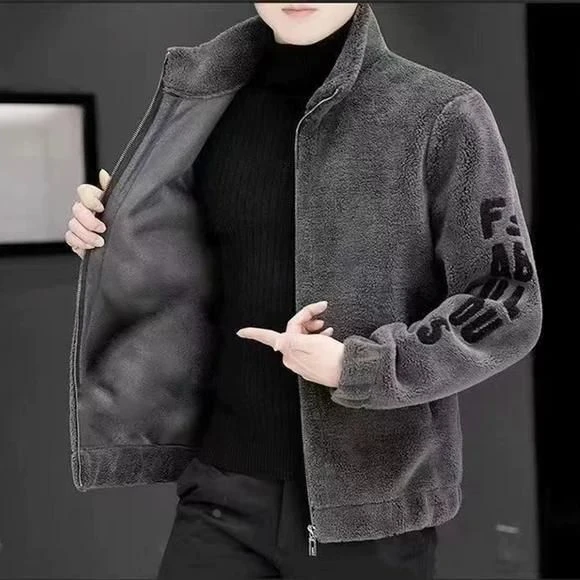 时尚男士外套2025秋冬季新款外套加厚保暖羊羔绒夹克皮毛一体毛呢