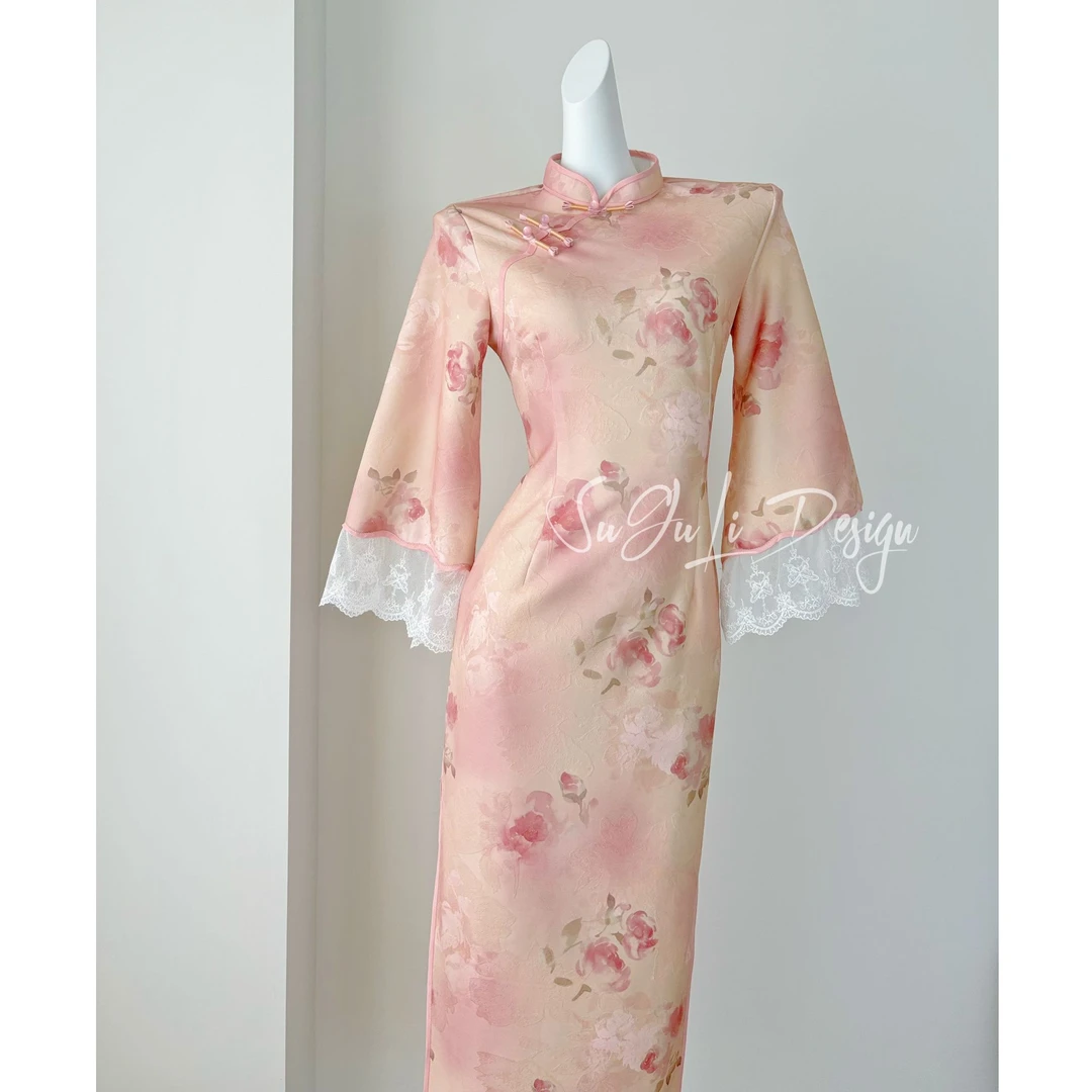 苏故里【粉荔枝】秋款少女气质玫瑰提花旗袍日常旗袍单层衣长120