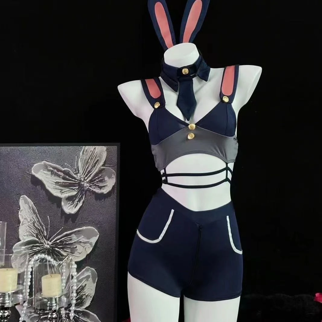 【夜趣】新款兔子警官卡通制服情侣睡衣性感显瘦时尚学院风蓝色