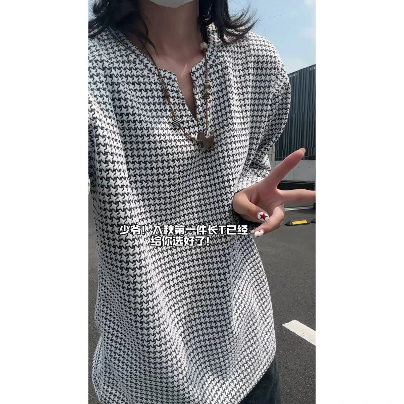 小香风V领长袖T恤男女秋季慵懒风cleanfit条纹打底衫情侣美式卫衣