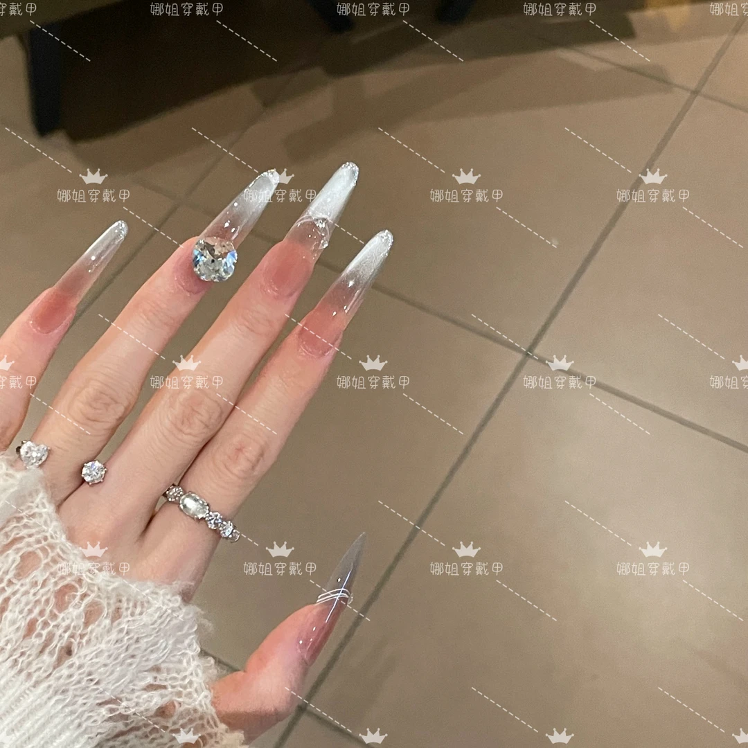 网红爆闪钻球成品美甲贴片冰蓝星空自然显白中长穿戴甲高级