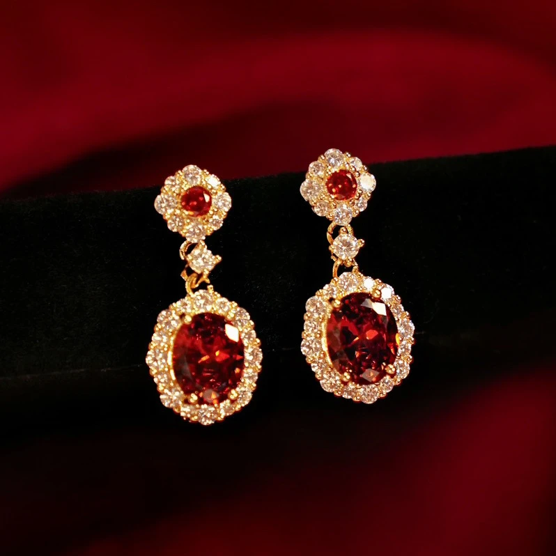 合金仿水晶耳饰 复古舞会酒红色耳饰复古宫廷风奢华优雅妈妈耳饰