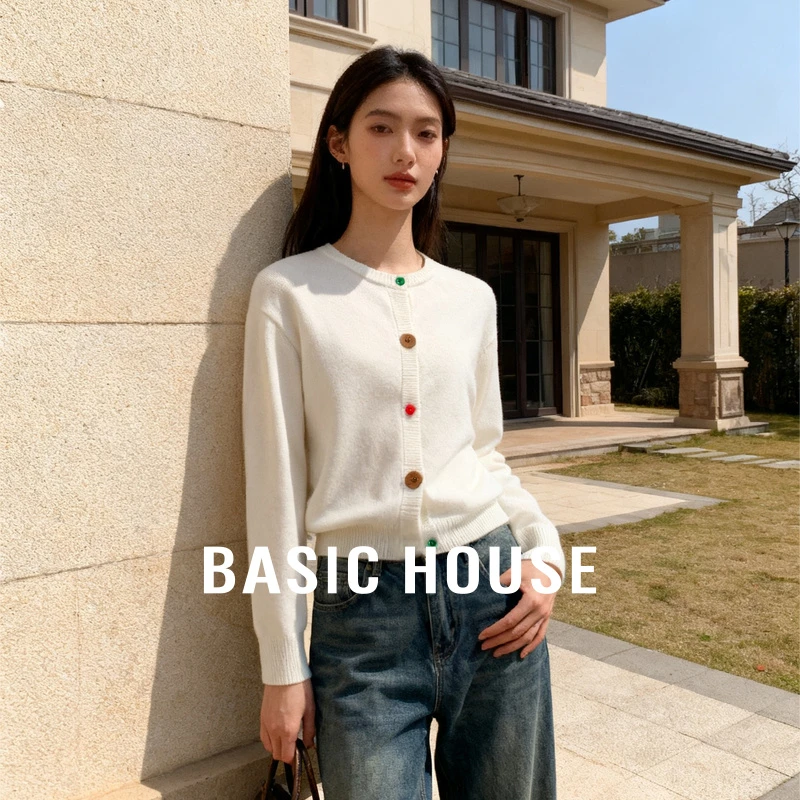 Basic House/百家好绵羊毛毛衣女款2025冬季新款红色针织开衫外套