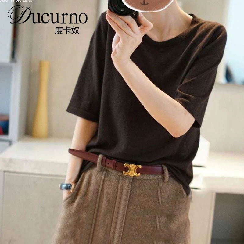 2025春秋新款超薄精细潮流短袖女韩版宽松中袖圆领针织打底衫百搭