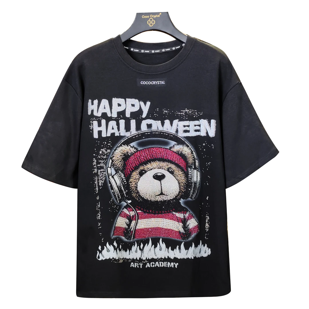 戴耳机小熊图案潮牌T恤-黑色