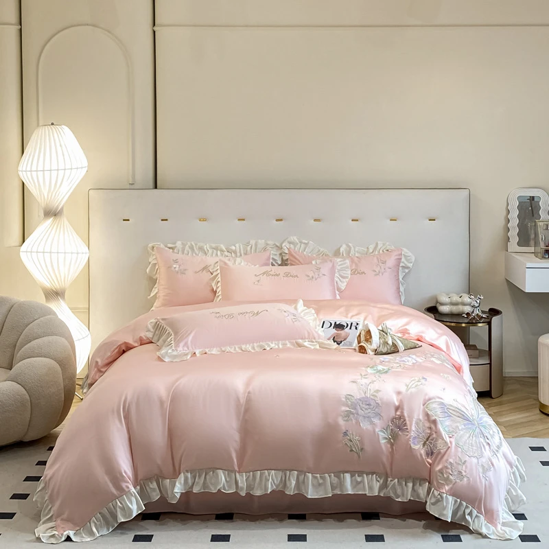 春夏100支贡缎冰丝韩版简约床品套件法式公主风床单花边四件套